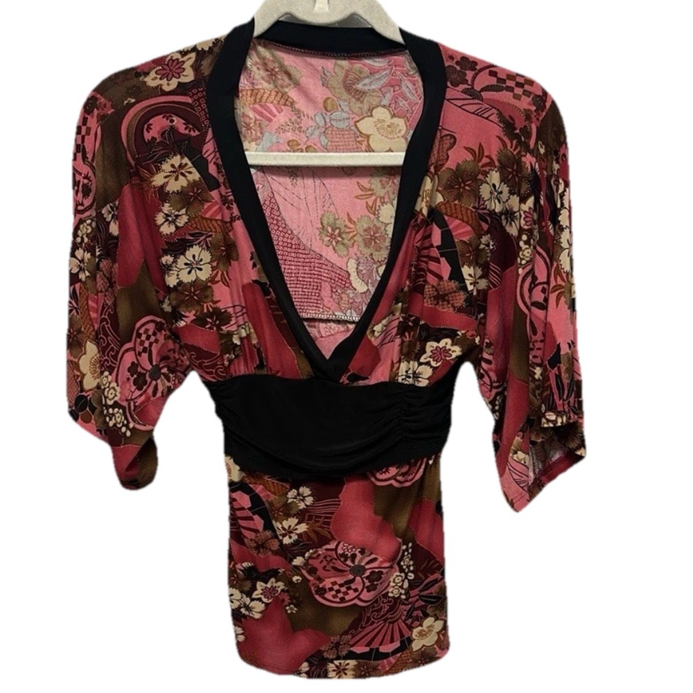 Vintage Asian V Neck Blouse Womens Size Medium Retro Y2K Top Floral Print Hippie